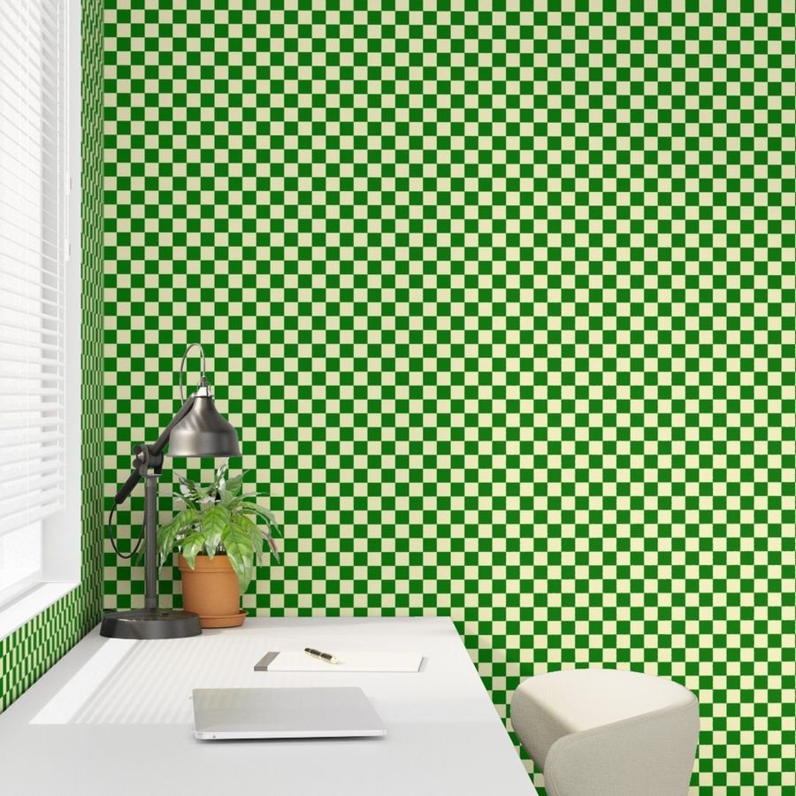 Green and Cream White 1 Inch Check Wallpaper cream white check wallpaper