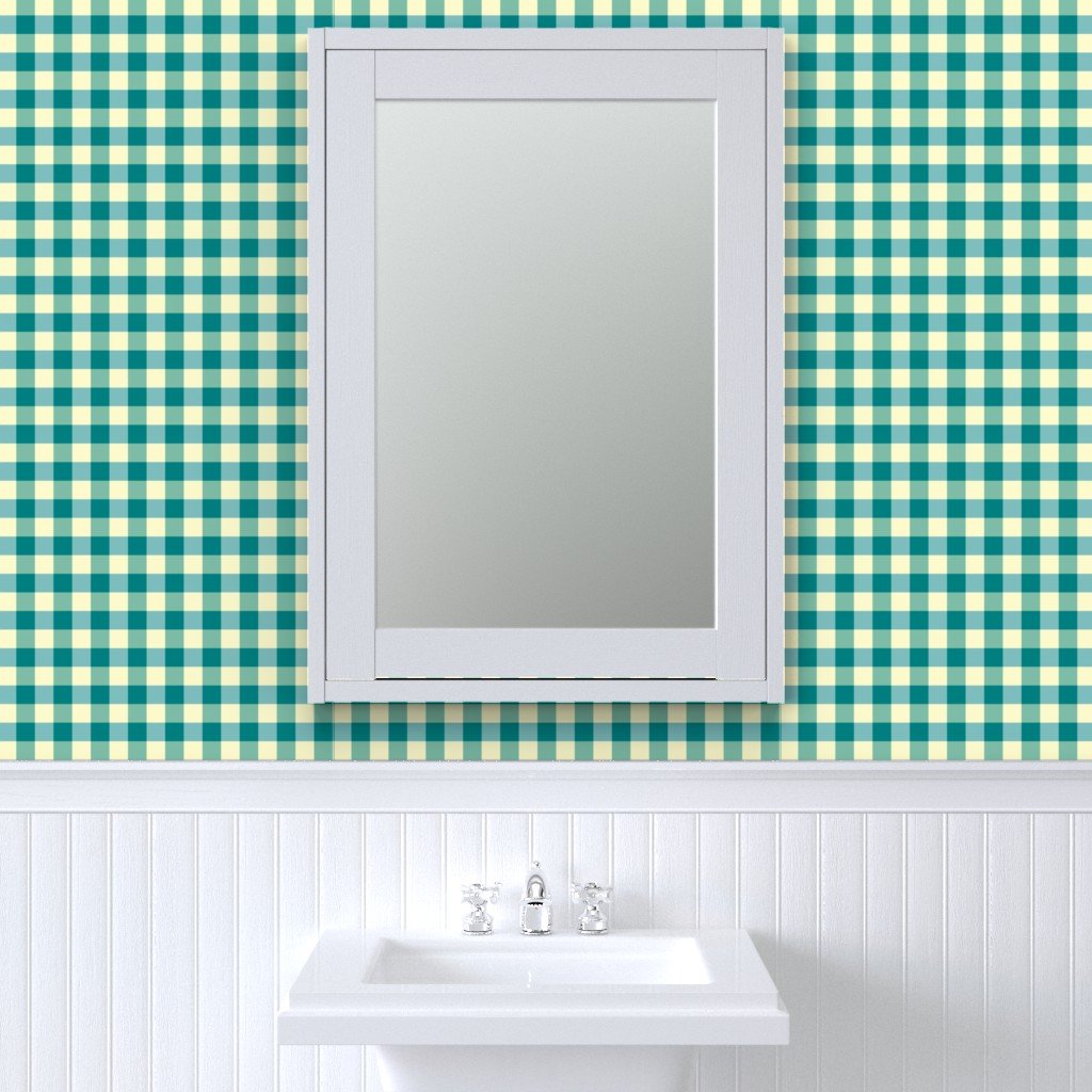 Teal and Cream White 2 Inch Gingham Wallpaper cool tone wallpaper