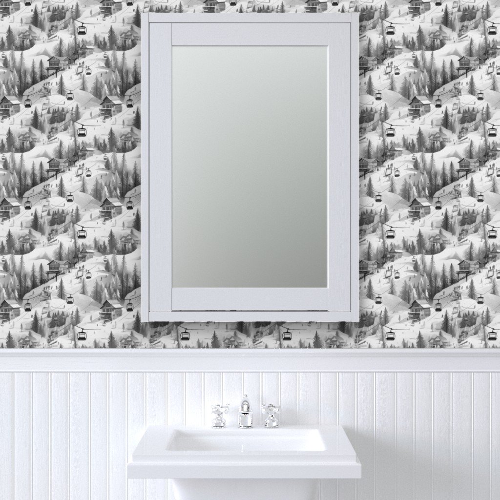 Vintage Ski Slope Cabins in Black and White Wallpaper cable car wallpaper