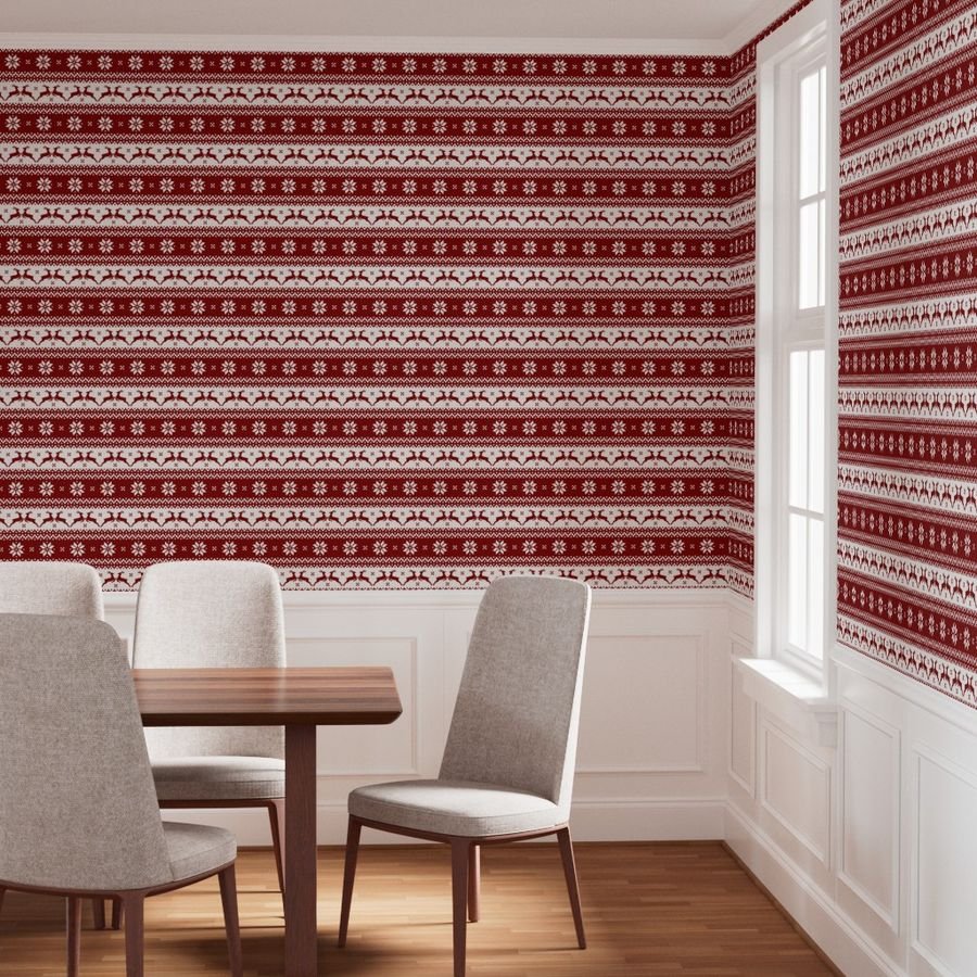 Large Dark Christmas Candy Apple Red Nordic Reindeer Stripe Wallpaper nordic stripe wallpaper