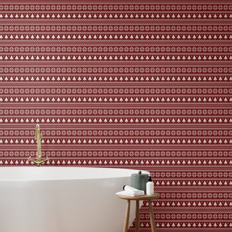 Large Dark Christmas Candy Apple Red Nordic Trees Stripe in White Wallpaper nordic stripe wallpaper