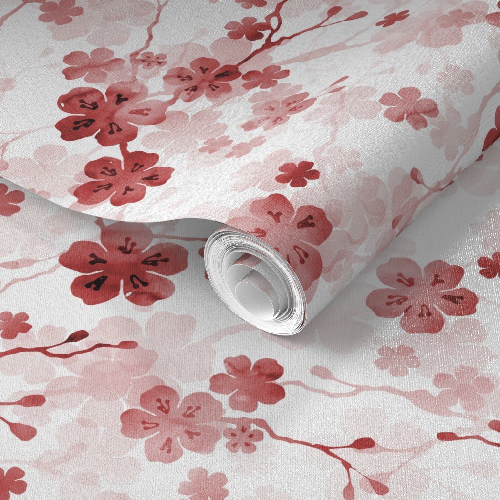 Bright Red Pastel Watercolor Cherry Blossom Flowers and Vines Wallpaper pastel flowers wallpaper