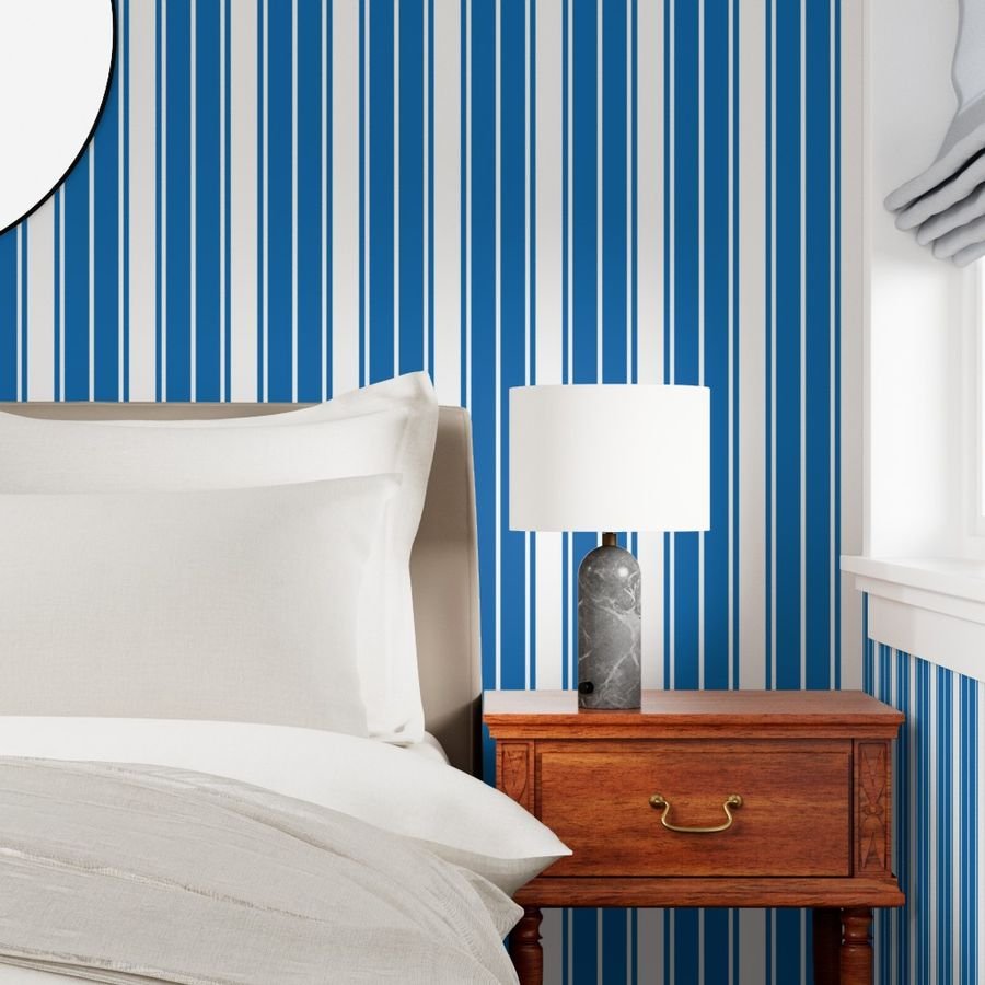 Biscayne Bay Blue and White Vertical French Stripe Wallpaper vertical stripe wallpaper