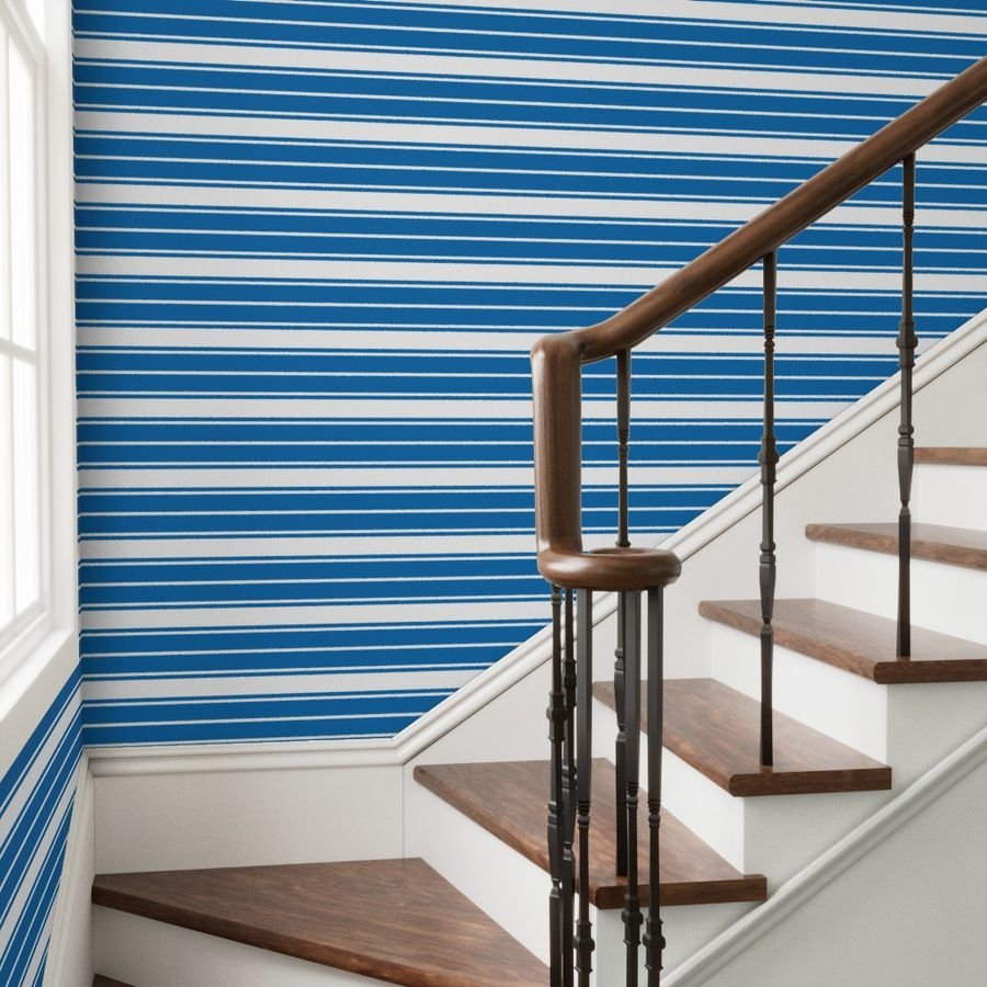 Biscayne Bay Blue and White Horizontal French Stripe Wallpaper upholstery stripes wallpaper