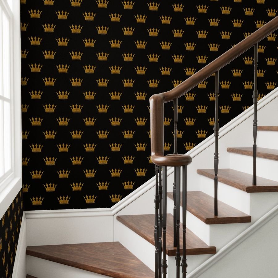Midnight Black Faux Metallic Gold Crowns Wallpaper gold crown wallpaper