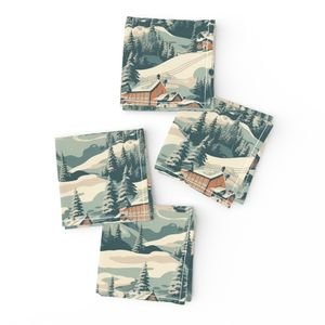 Small Vintage Ski Slope Cabins in Woods Blue Interior Collection Home Styling Collection skiing vintage ski napkins design
