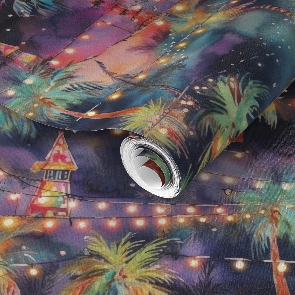 Florida Christmas Party Watercolor Wallpaper houses and trees wallpaper