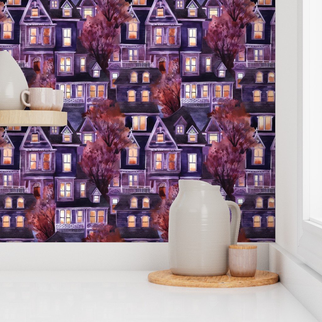 Bright Purple Haunted New England Village Watercolor Wallpaper haunted village wallpaper