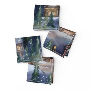 Large Christmas Christmas Rustic Village Winter Cabins Watercolor Home Decor Collection Home Styling Collection rustic cabins napkins design
