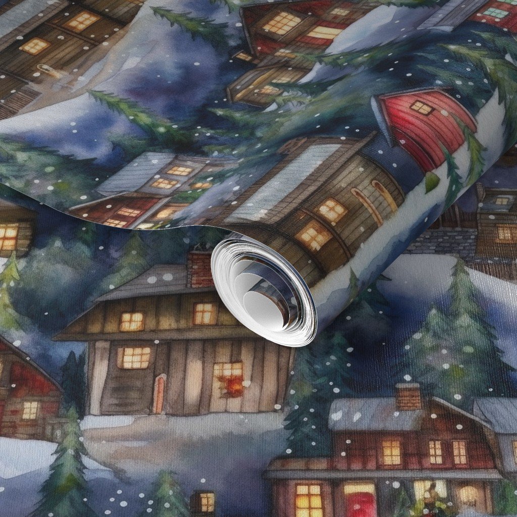 Small Christmas Christmas Rustic Village Winter Cabins Watercolor Wallpaper rustic cabins wallpaper