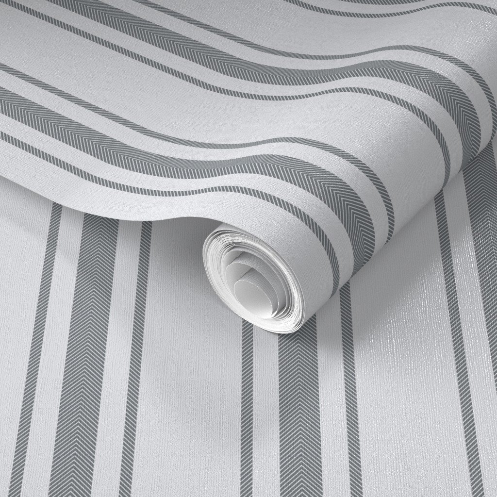 Grey Blue French Provincial Ticking Stripe on Off-White Wallpaper grey blue stripes wallpaper