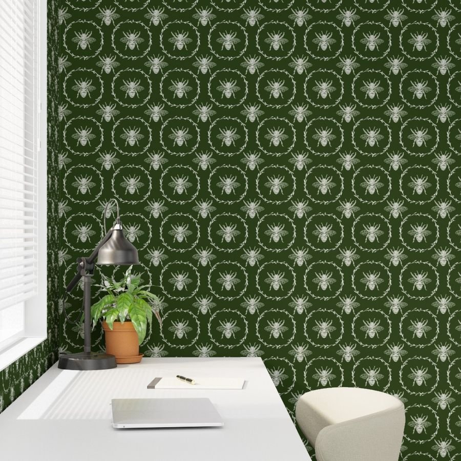 Large French Provincial Bees in Laurel Wreaths in White on Lichen Wallpaper green bee wallpaper