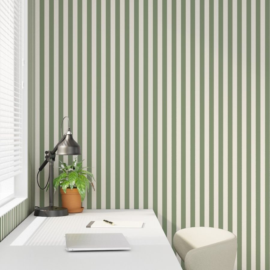 Classic Ivory and Sage Green One Inch Broad Stripe Pattern Wallpaper sage green wallpaper