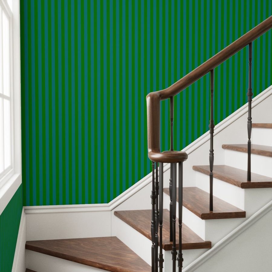 Classic Green and Teal 1 Inch Vertical Stripes Wallpaper cool tone teal wallpaper