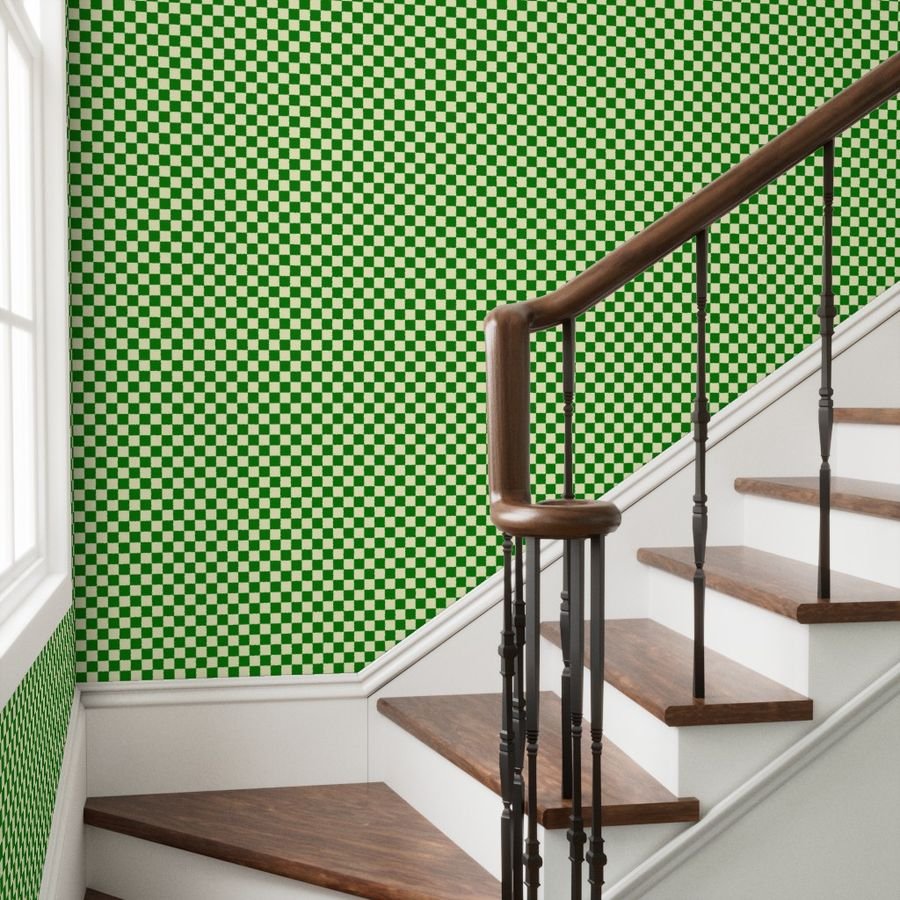 Green and Cream White 1 Inch Check Wallpaper cream white gingham wallpaper