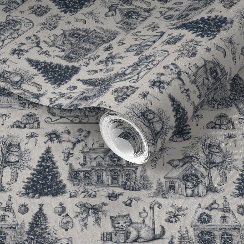 Christmas Cats Toile Midnight Navy Wallpaper christmas tree wallpaper