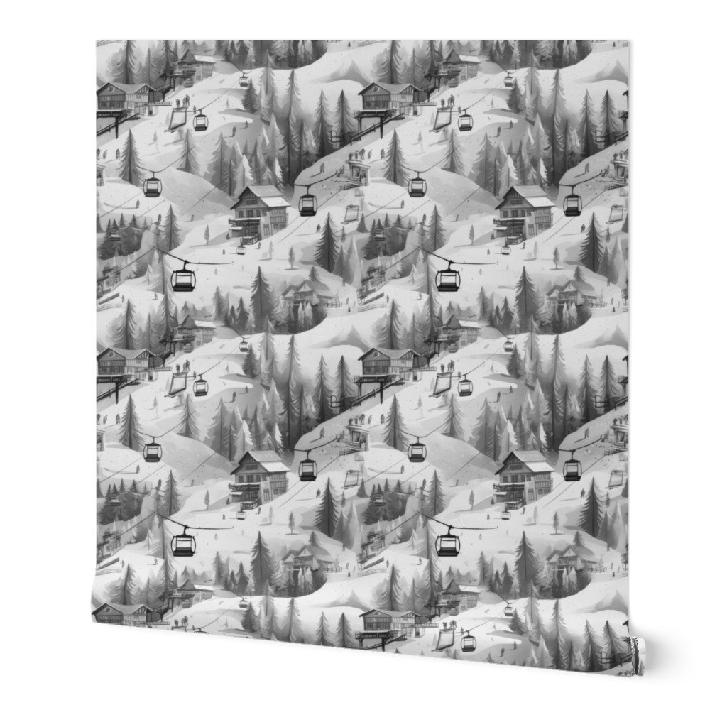 Vintage Ski Slope Cabins in Black and White Wallpaper mountain village wallpaper