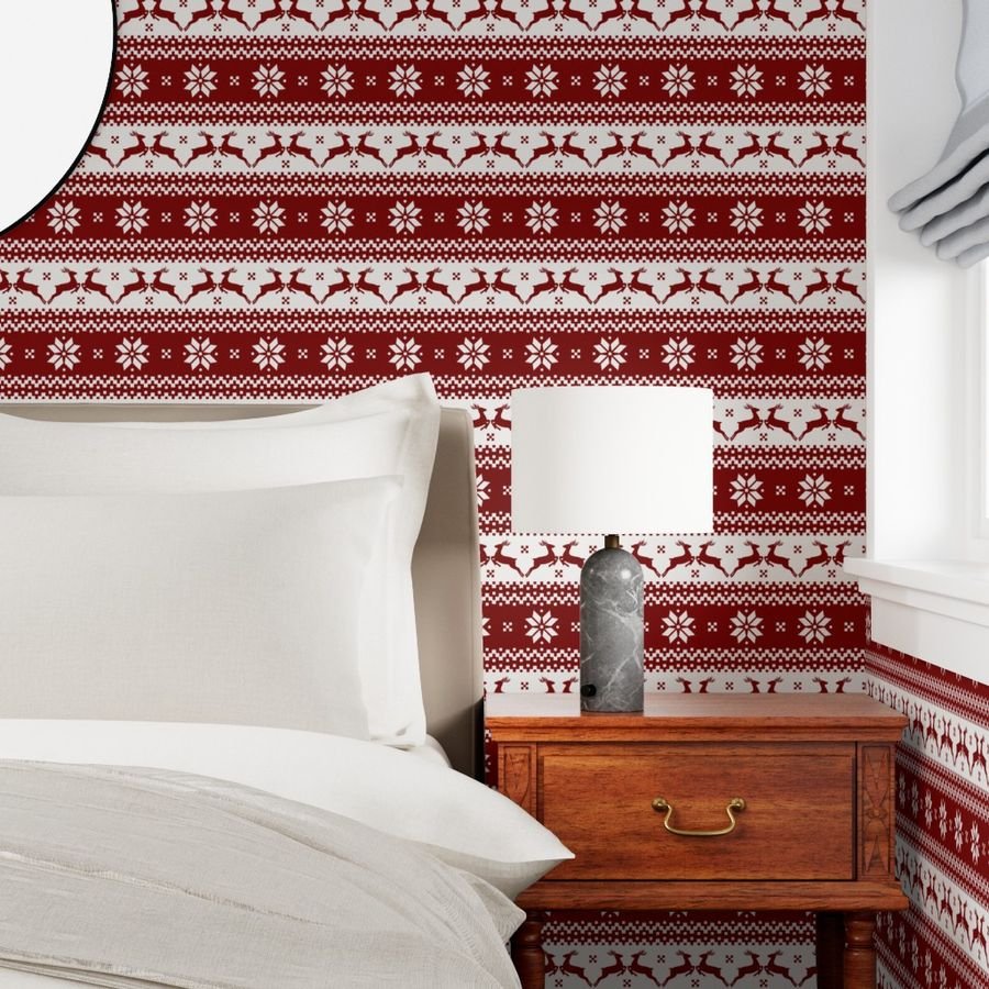 Large Dark Christmas Candy Apple Red Nordic Reindeer Stripe Wallpaper red stripe wallpaper