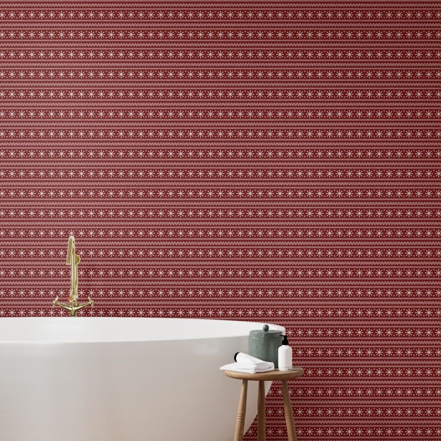 Large Dark Christmas Candy Apple Red Snowflake Stripes in White Wallpaper snowflakes pattern wallpaper
