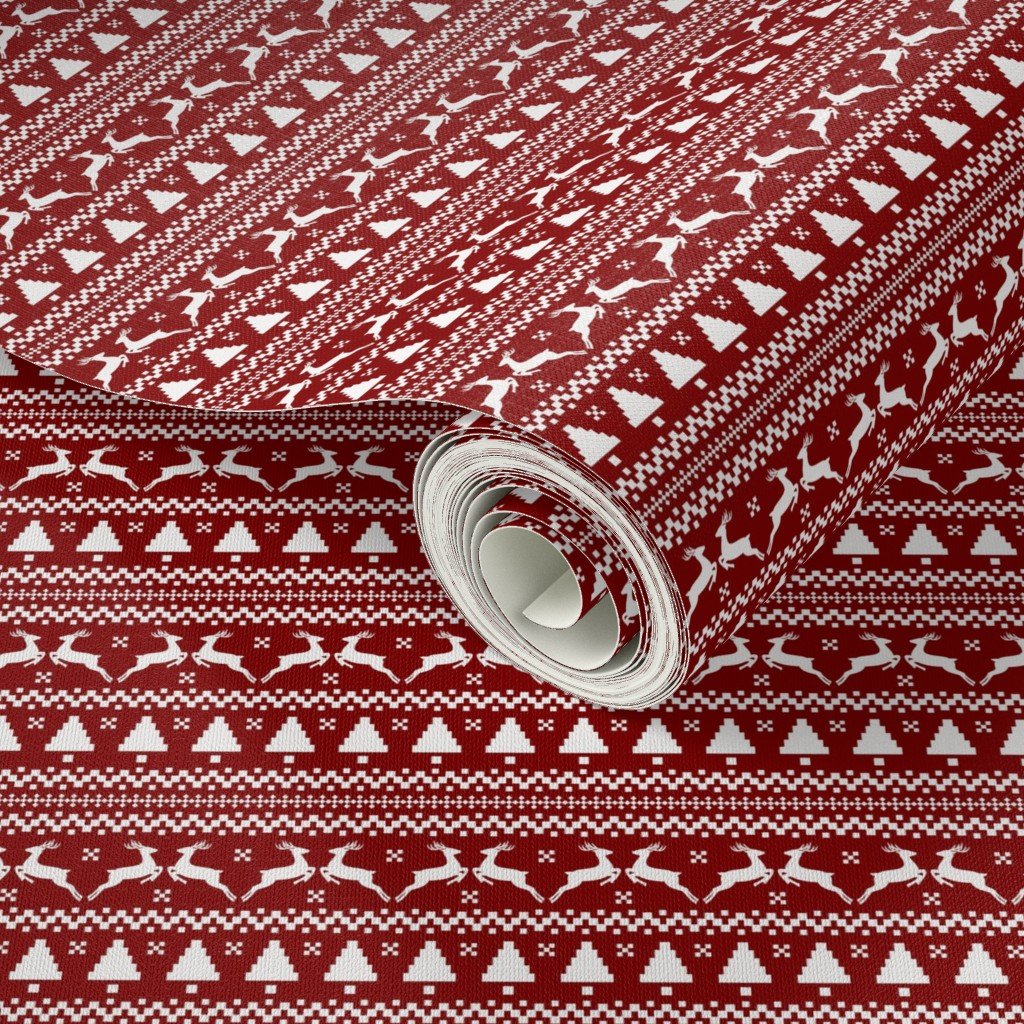 Dark Christmas Candy Apple Red Nordic Reindeer Stripe in White Wallpaper red stripe wallpaper