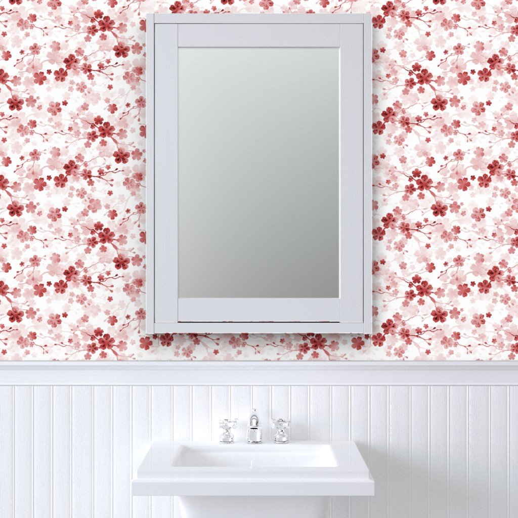 Bright Red Pastel Watercolor Cherry Blossom Flowers and Vines Wallpaper pastel vines wallpaper