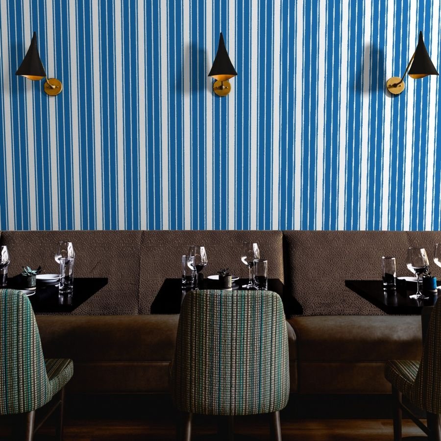 Biscayne Bay Blue and White Vertical French Stripe Wallpaper wide jumbo stripe wallpaper