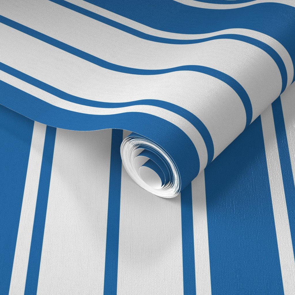 Biscayne Bay Blue and White Vertical French Stripe Wallpaper wide jumbo stripe wallpaper