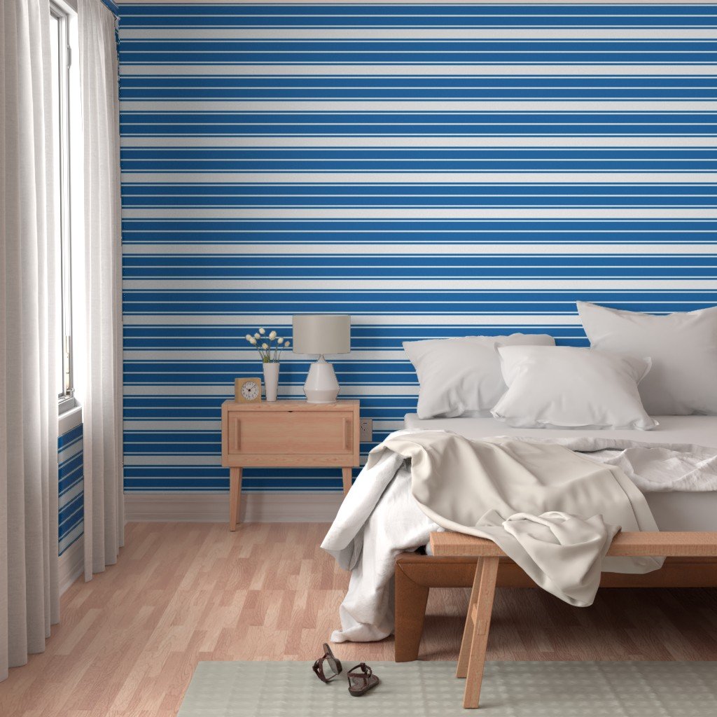 Biscayne Bay Blue and White Horizontal French Stripe Wallpaper wide jumbo stripe wallpaper