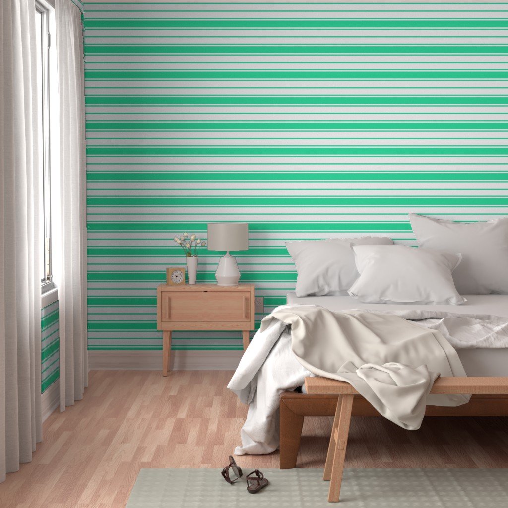 Sea Mint Green and White Horizontal French Stripe Wallpaper upholstery stripes wallpaper