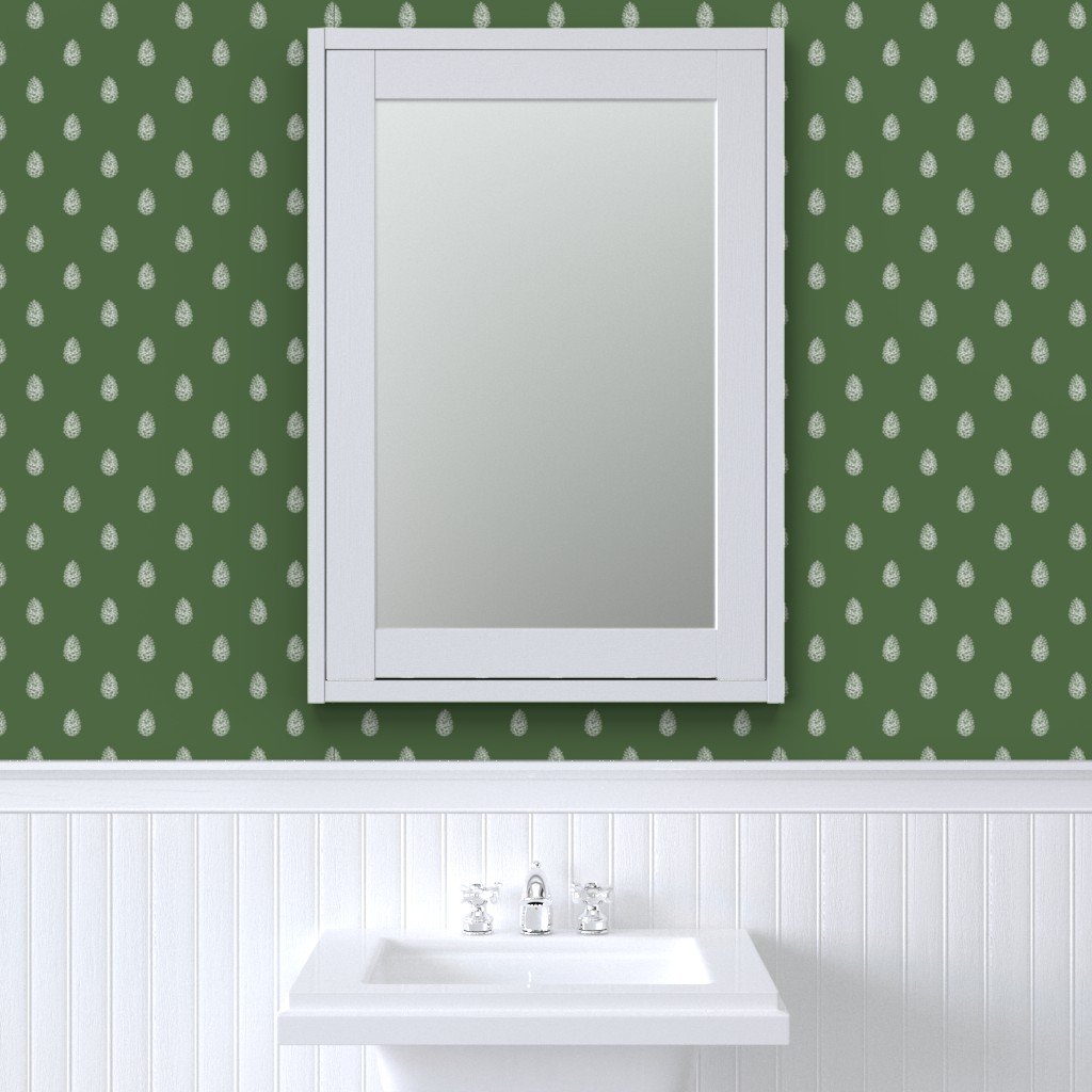 Christmas Pine Cone in Bright White on Fir Tree Green Wallpaper fir tree wallpaper