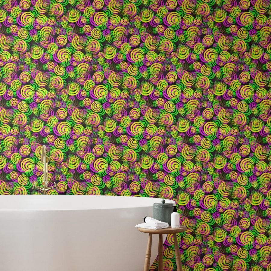 Bright Yellow Pink and Green 70s Hippy Circles Wallpaper pink and yellow wallpaper