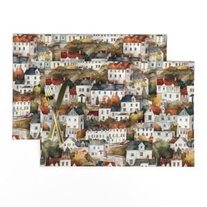 Small English Town Houses in Watercolor Decor Collection Home Styling Collection houses and trees placemat design