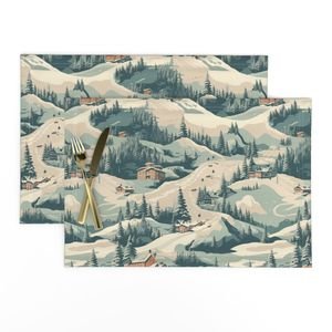 Small Vintage Ski Slope Cabins in Woods Blue Interior Collection Home Styling Collection snowscape winter placemat design