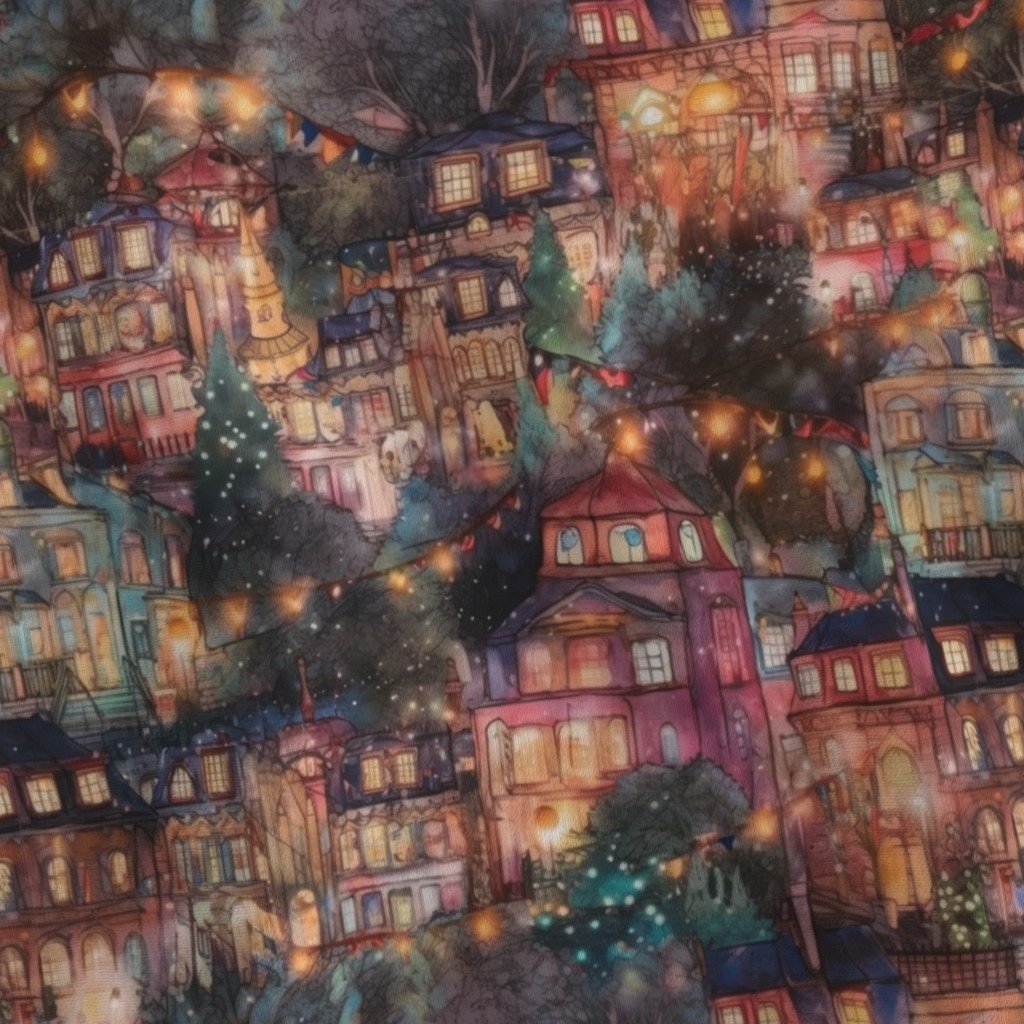 London City Christmas at Midnight Street Watercolor Fabric design fabric