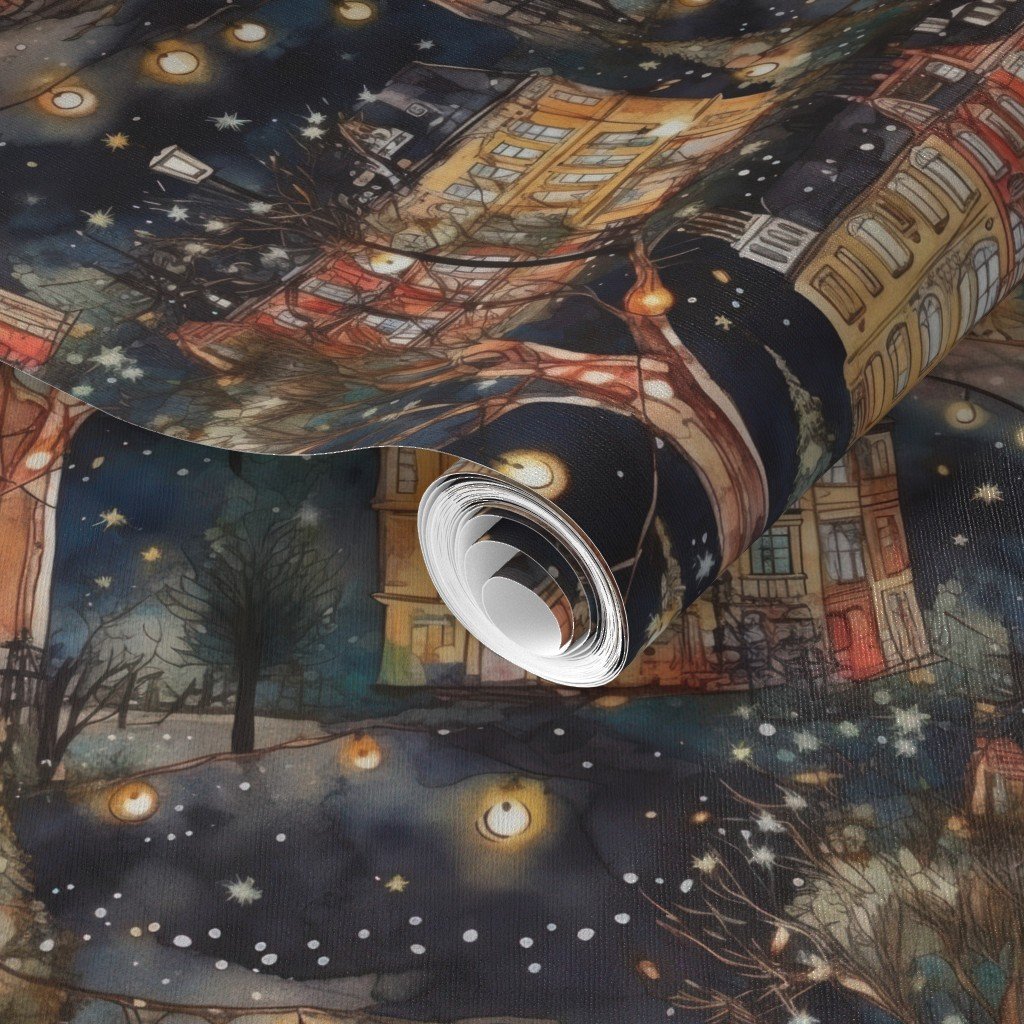 London City Christmas at Midnight Street Watercolor Wallpaper city houses wallpaper