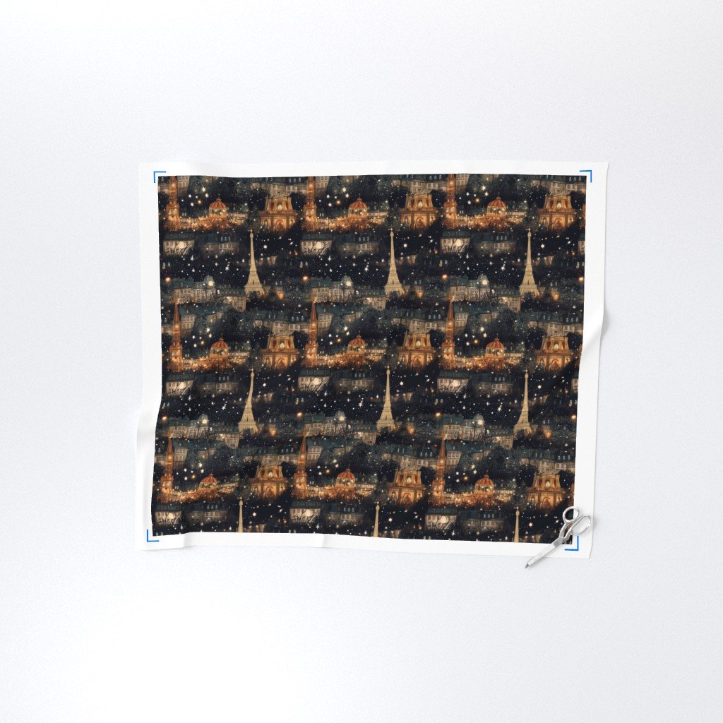Paris City Christmas at Midnight Street Watercolor Fabric design fabric