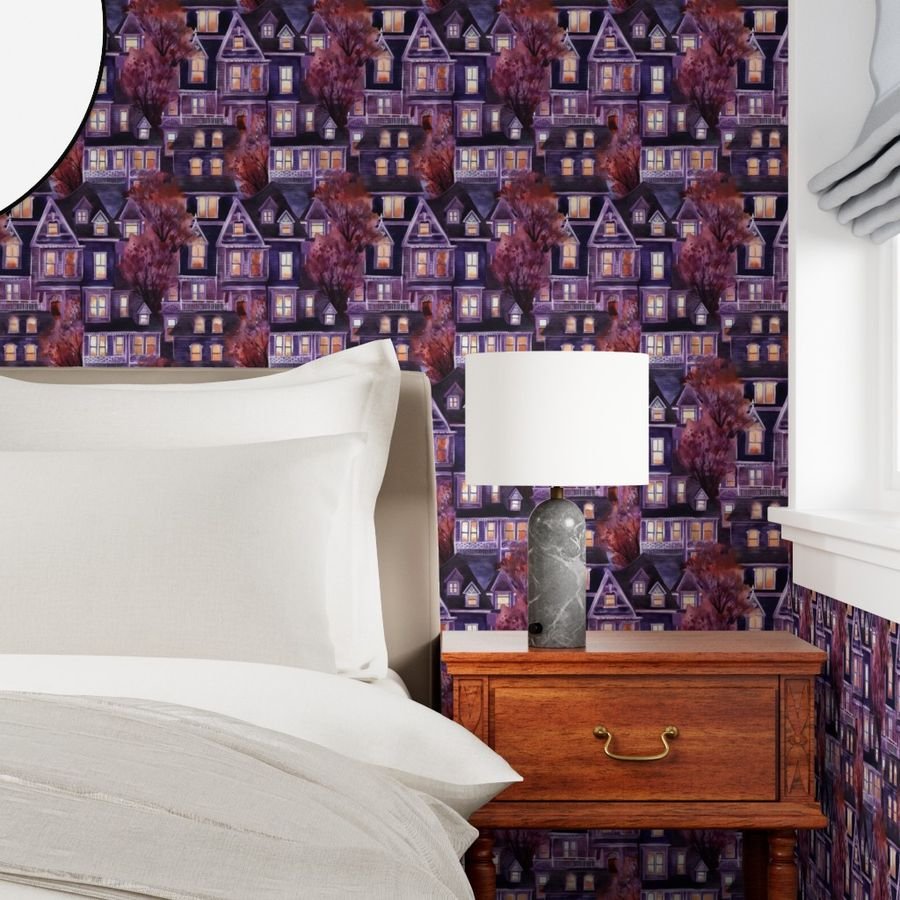Bright Purple Haunted New England Village Watercolor Wallpaper misty night wallpaper
