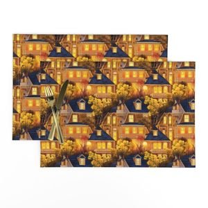Bright Yellow Haunted New England Village Watercolor with Lighthouse Decor Collection Home Decor Collection misty night placemat design