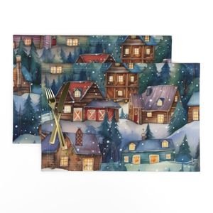 Large Christmas Rustic Country Winter Cabins Watercolor Decor Collection Design Collection rustic village placemat design