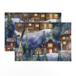 Large Christmas Christmas Rustic Village Winter Cabins Watercolor Home Decor Collection Home Styling Collection rustic village placemat design