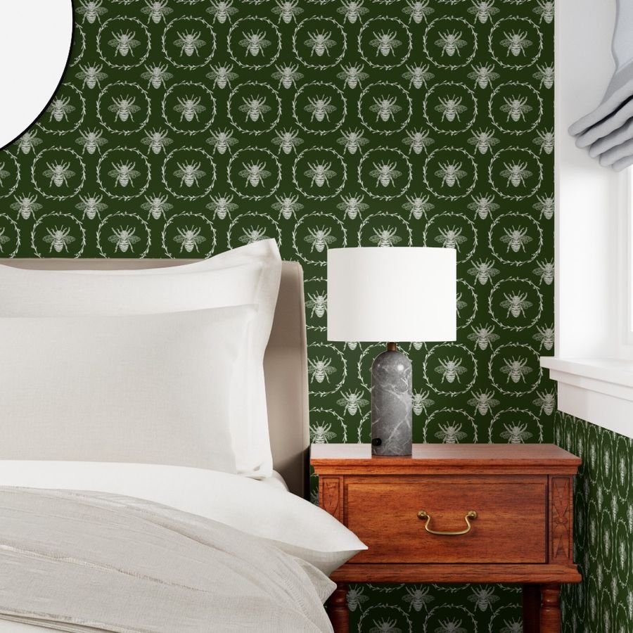 Large French Provincial Bees in Laurel Wreaths in White on Lichen Wallpaper honey bees wallpaper