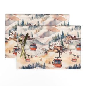 Vintage Ski Slope Cabins in Soft Pastels Design Collection Interior Collection skiiing scene placemat design