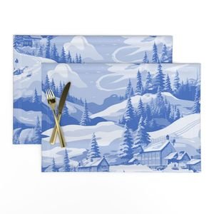 Small Montana Winter Cabins Montana with Evergreens in Mid China Blue Interior Collection Decor Collection ski slope placemat design