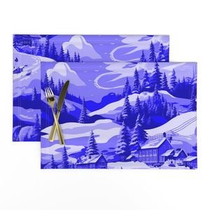 Small Montana Winter Cabins Montana with Evergreens in Royal China Blue Decor Collection Design Collection ski slope placemat design