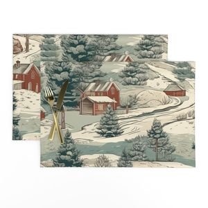 Small Montana Winter Cabins Montana with Evergreens Design Collection Home Decor Collection winter forest placemat design