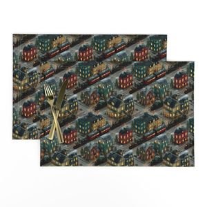 Small Isometric Snowy Christmas Village with Festive Trains and Townhouses Decor Collection Home Decor Collection lights placemat design