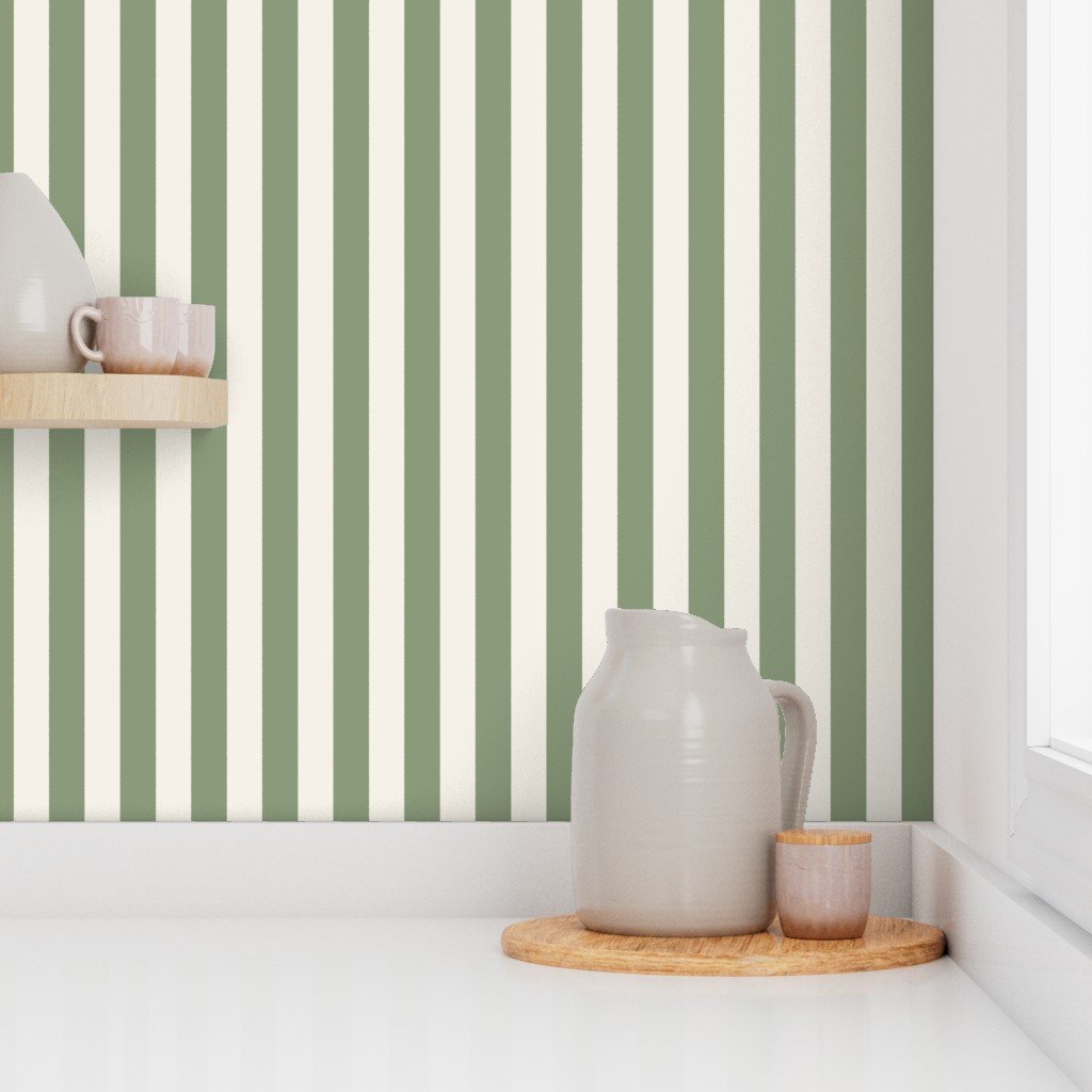 Classic Ivory and Sage Green One Inch Broad Stripe Pattern Wallpaper sage stripe wallpaper