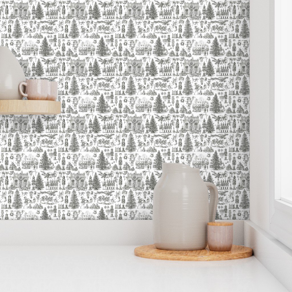 Christmas Nutcracker Toile Black and White Wallpaper holiday decor wallpaper