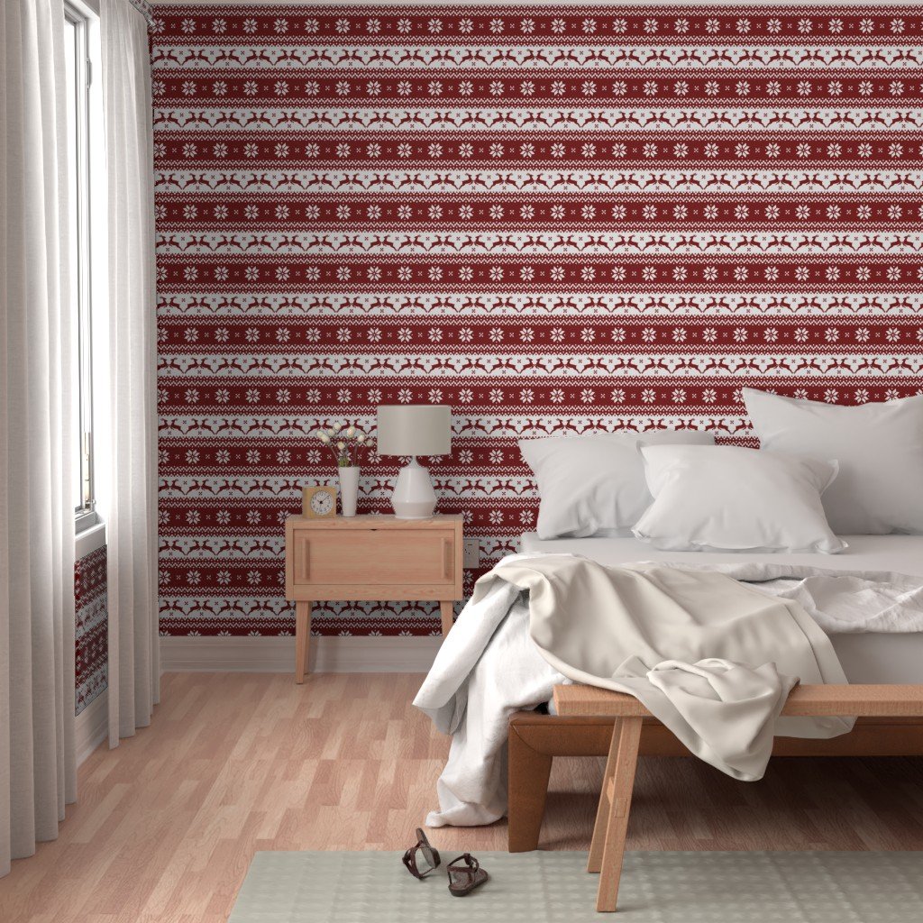 Large Dark Christmas Candy Apple Red Nordic Reindeer Stripe Wallpaper reindeer stripe wallpaper
