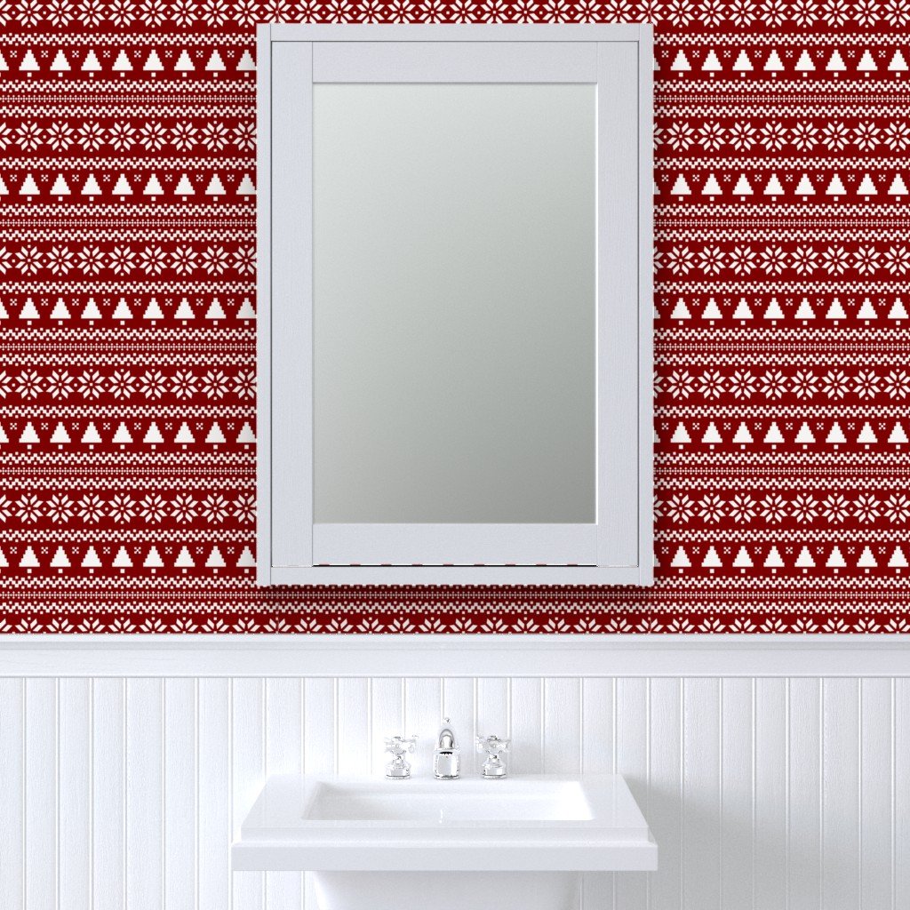 Large Dark Christmas Candy Apple Red Nordic Trees Stripe in White Wallpaper red stripe wallpaper